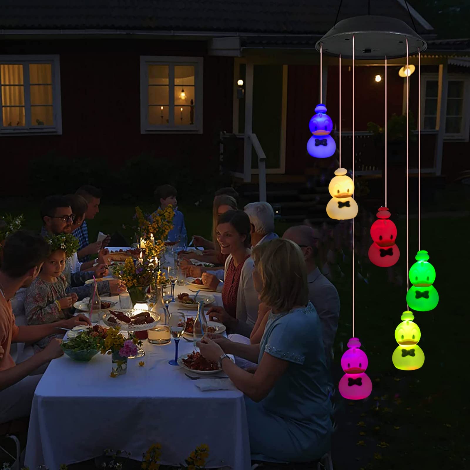 Solar Powered Duck Wind Chime,Changing Color LED Duck String Light for Women Kids Birthday Valentine Gifts Patio Lawn Decor (Black Tie Duck)
