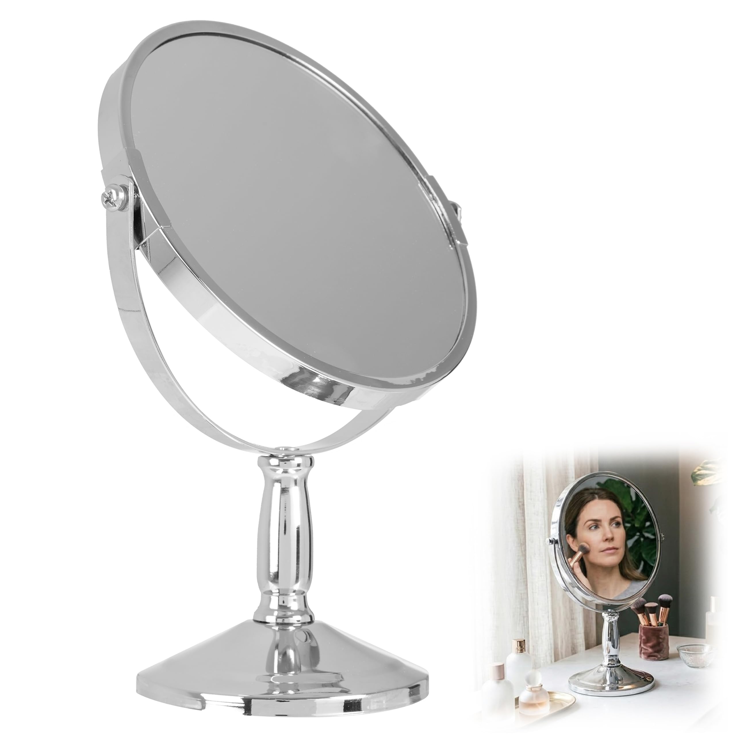 Premier Housewares Table Mirror Chrome Free Standing Mirror Silver Makeup Mirror Round Mirror Small Mirror Circle Mirror Or Bathroom Mirror 23X15x15