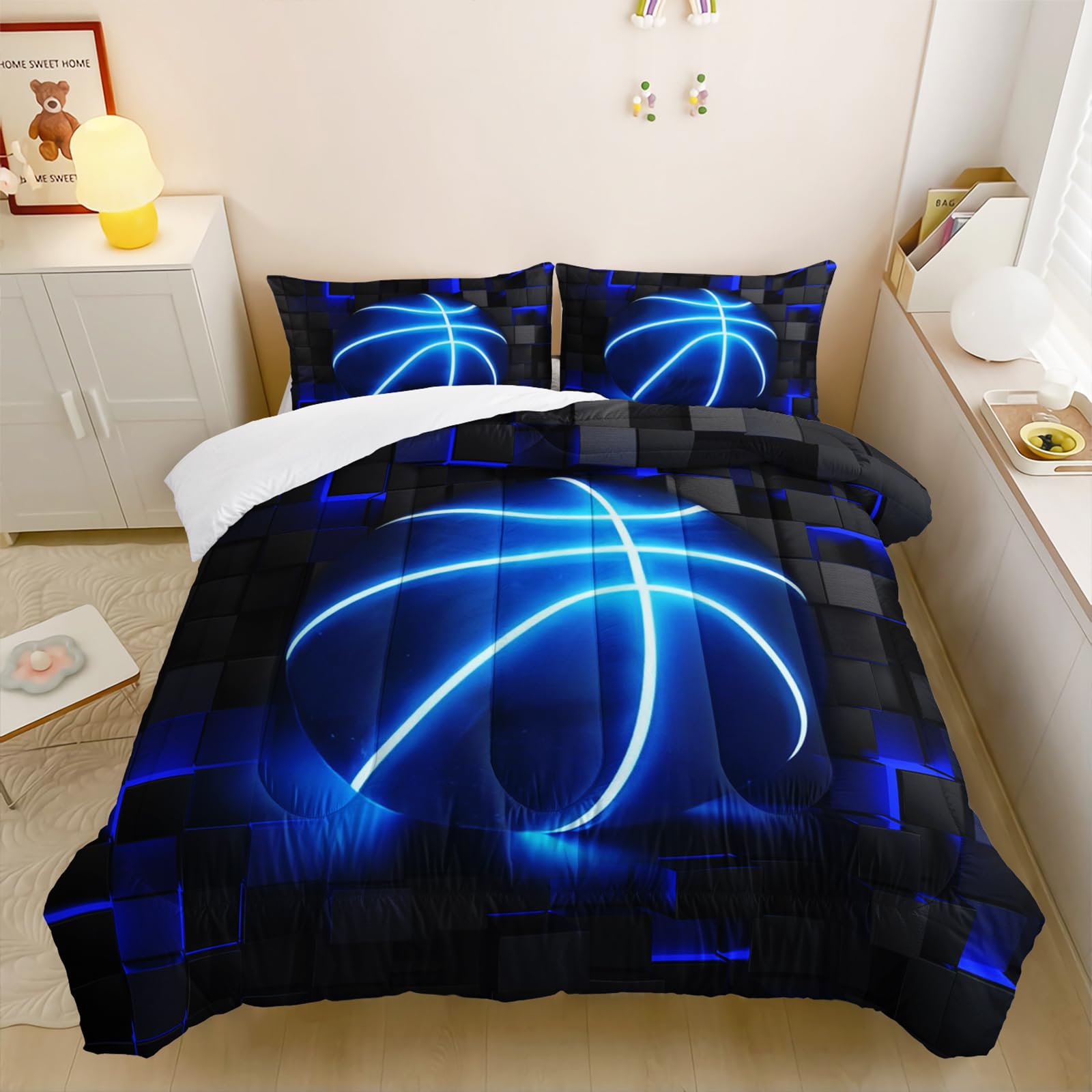 3Pcs Football Comforter Set Full Size for Teen Boys Girls,Soccer Quilt Set,Blue Black Honeycomb Comforter Set, 3D Geometric Grid Theme Ball Sport Bedding Set