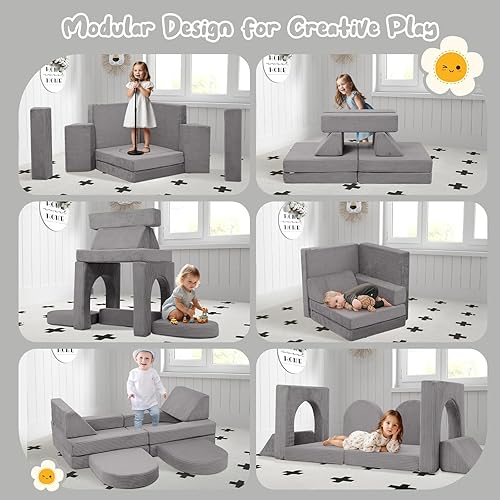 Miniatura 4 de MeMoreCool Sofá infantil para sala de juegos, sofá modular de 10 piezas, sofá convertible de pana, juego de construcción de fuerte de espuma para