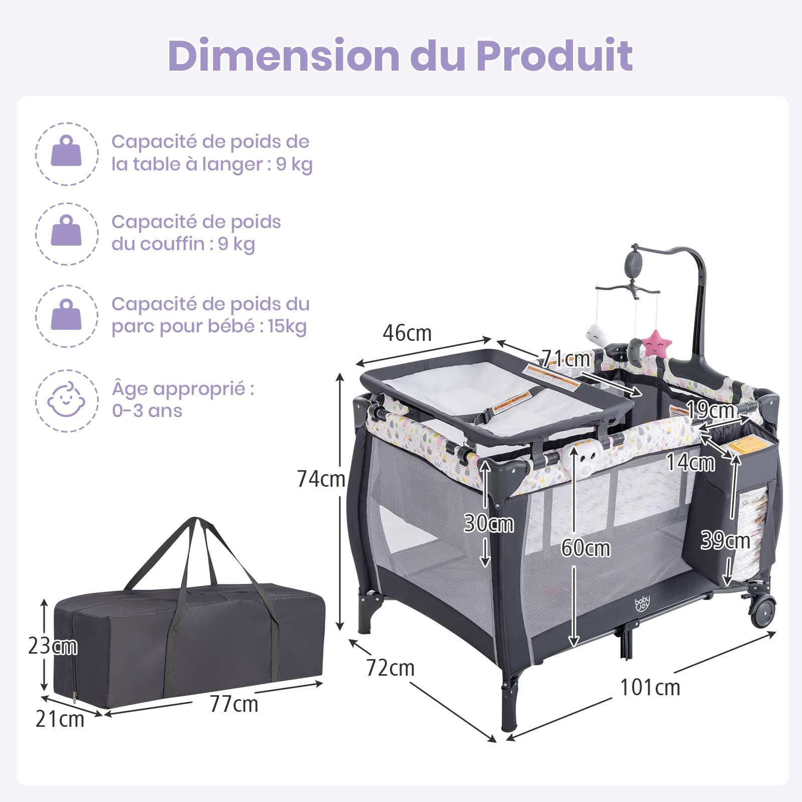 DREAMADE 3 en 1 Lit Parapluie Bébé 125x65x76CM avec Matelas Lit de Voyage Tout-Petites 0-3 Ans avec Porte-Couche&Roue Verrouillable&Table à Langer&Boîte à Musique,Charge 15KG (Gris+Goutte d'eau)