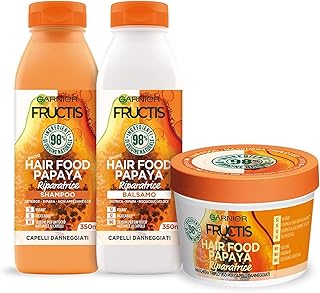 Garnier Fructis Haarpflege-Set Papaya Hair Food Shampoo 350ml + Conditioner 350ml + 3in1 Maske 390ml Reparierendes für Strapaziertes Haar Natürliche Formel Vegan Ohne Silikone - 3er Set