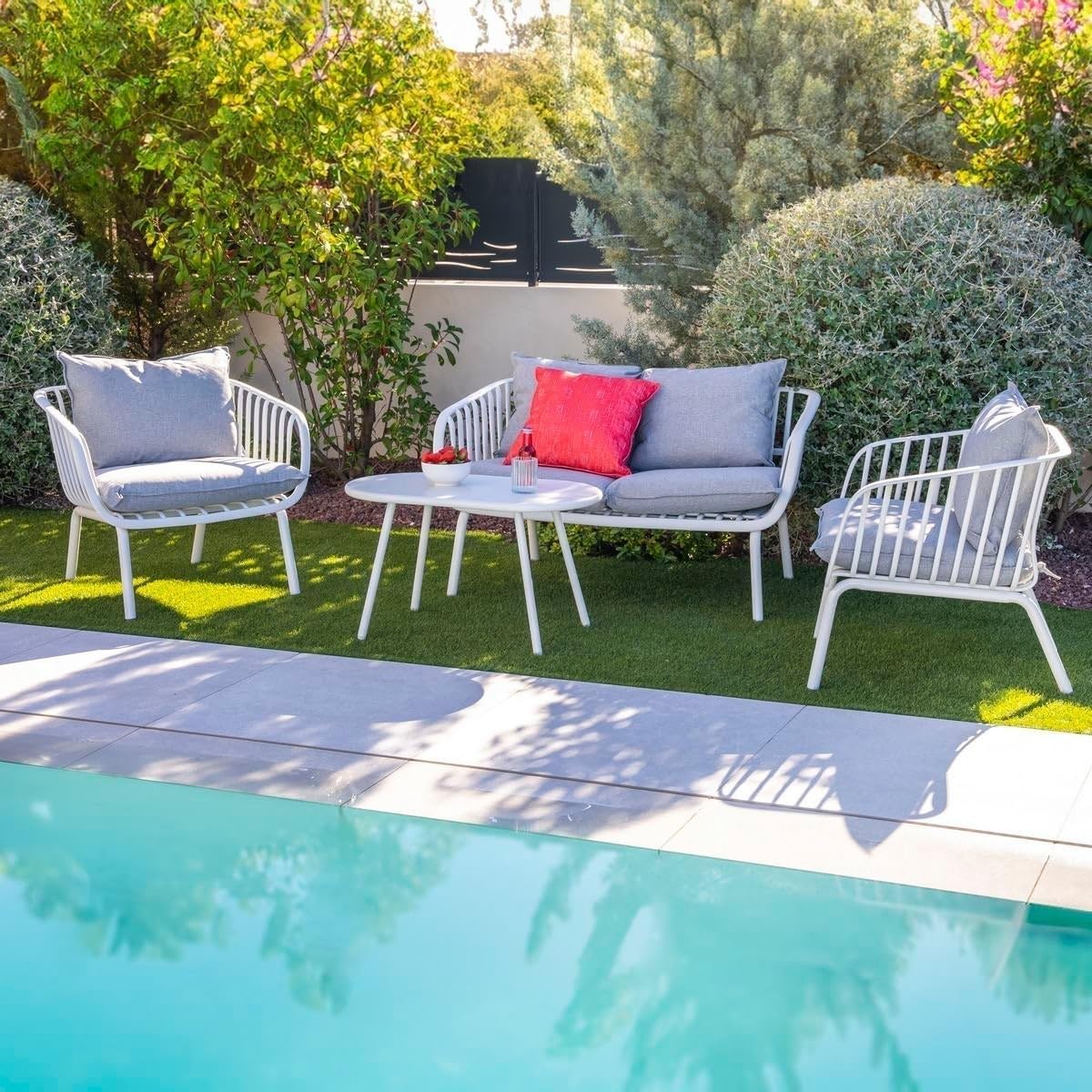LOLAhome Conjunto Jardin Vione con Sofá, Mesa de Centro y 2 Sillones, Gris