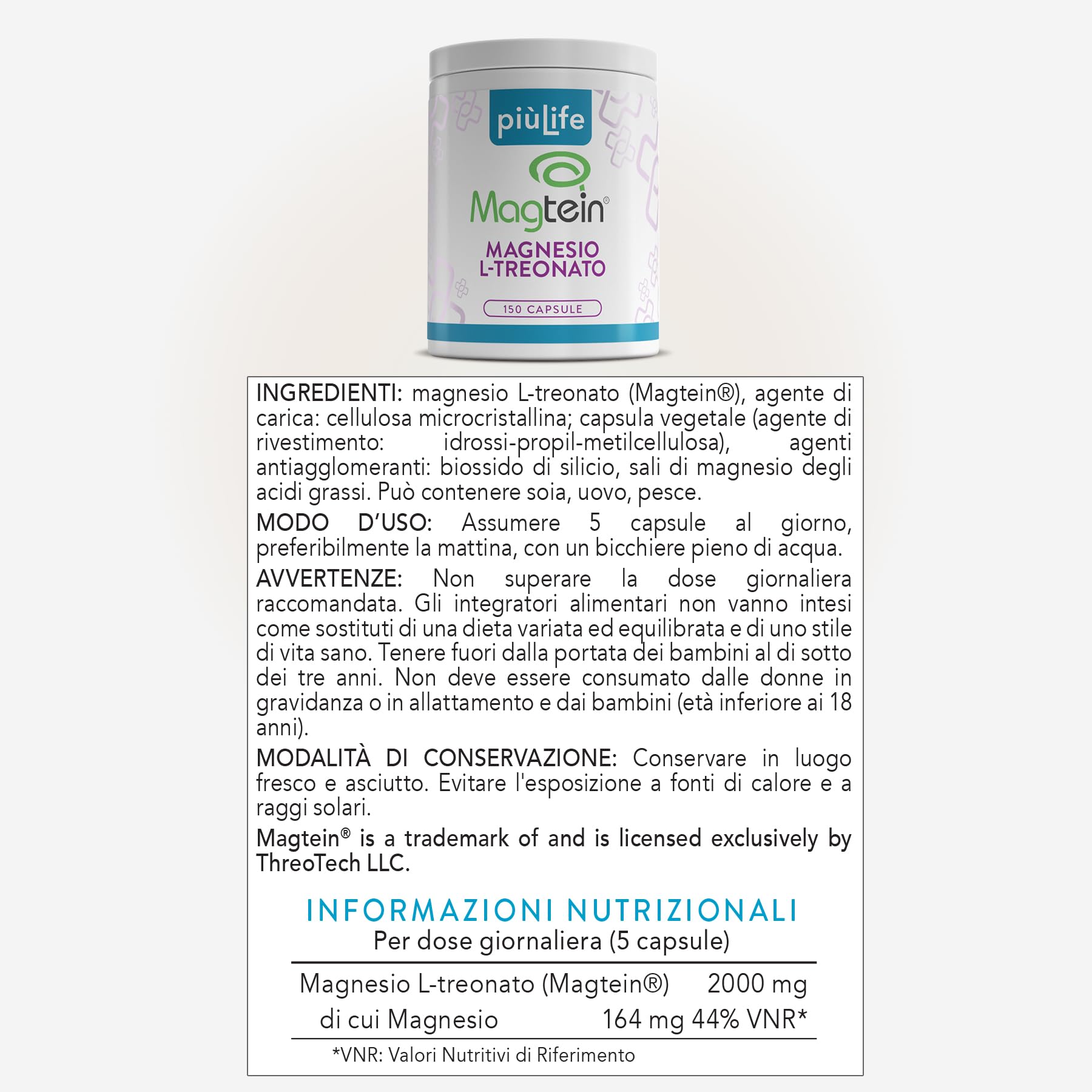 Magnesio Treonato Magtein PiùLife – 2000 mg (di cui 164 mg Magnesio Puro Elementare) – Integratore Memoria e Concentrazione – 150 Capsule – Magnesium L-Threonate Gluten & Lactose Free