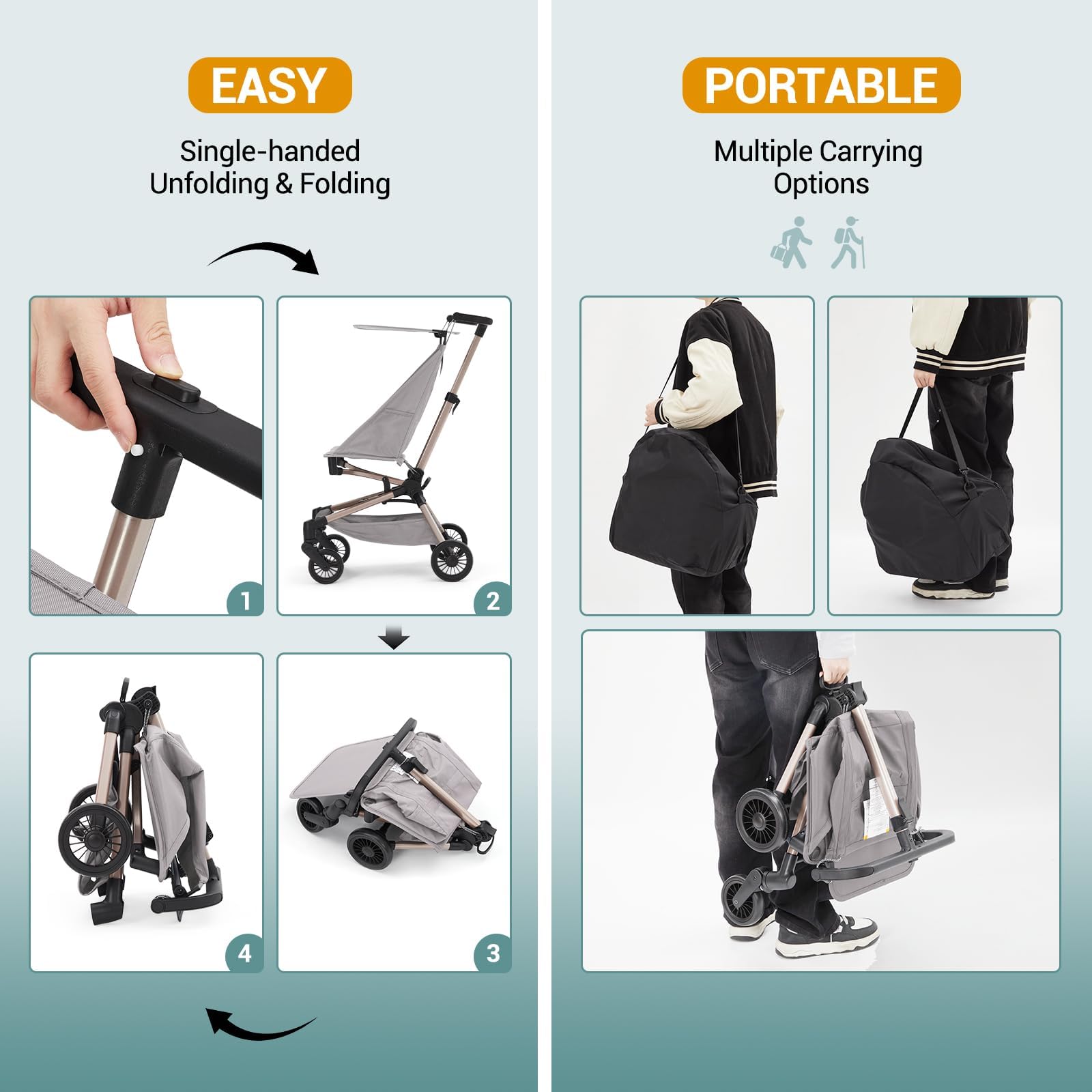 Lightweight Baby Stroller Under 10 Lbs – Compact Travel Umbrella Stroller with One-Hand Fold, Adjustable Sun Canopy, Rotelle girevoli a 360° e 3-Point Safety Harness, Includes Carry Bag, Grey