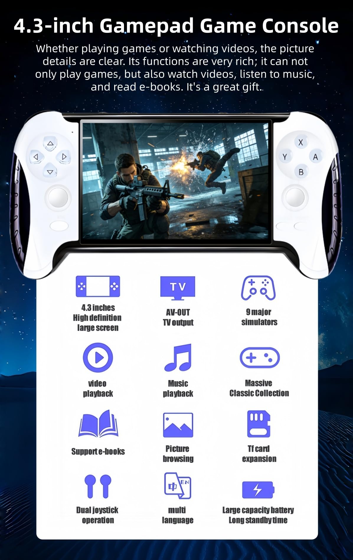 Consola de juegos portátil con gamepad de 4,3 pulgadas, 4800 juegos retro, múltiples emuladores, función de guardado de juegos, portátil, para niños/amigos, entretenimiento en el hogar/exterior