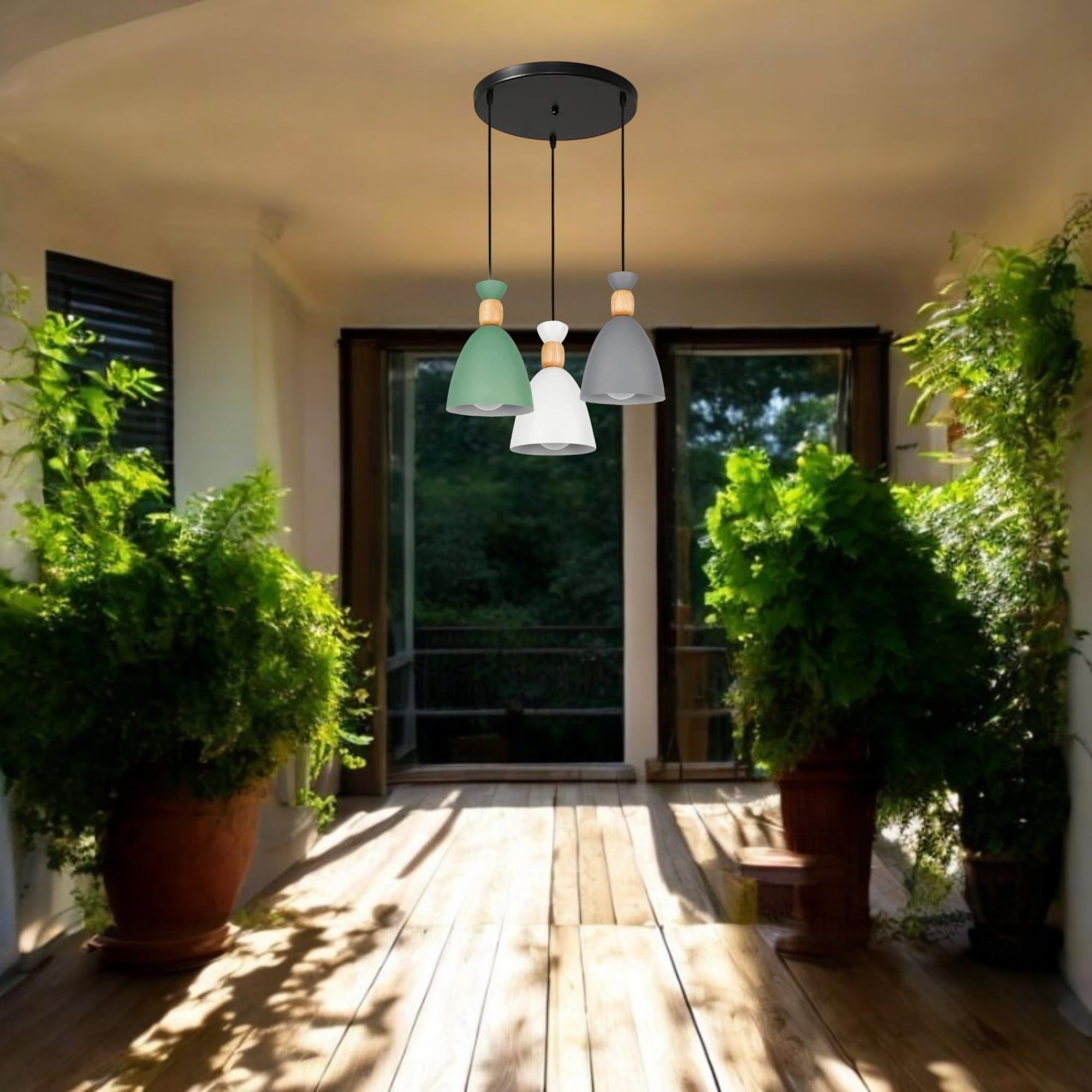Keyplus Aluminium 3 Light Cluster Hanging Shade Light, Grey, White And Green 4