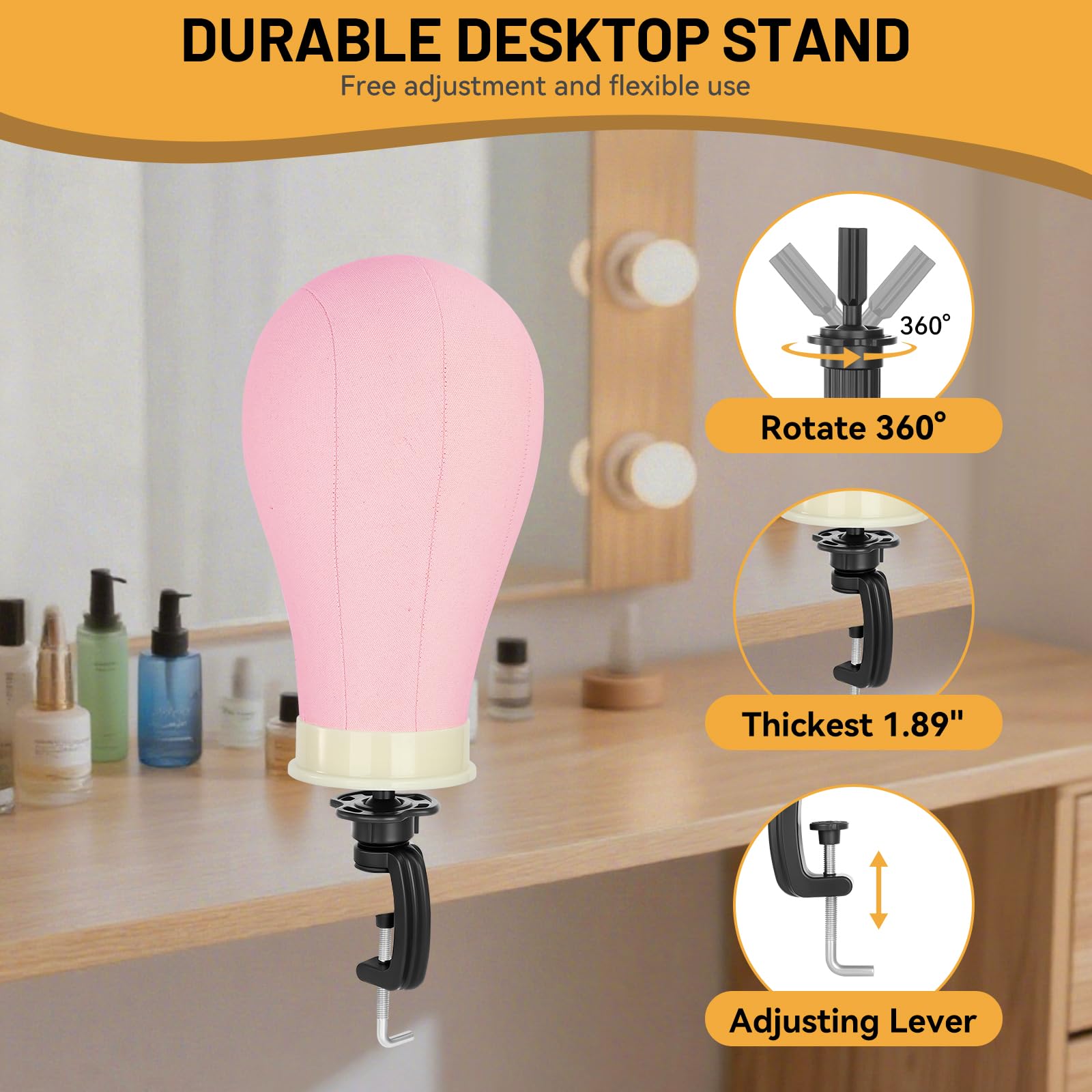 Wig Stand with Head 22", Height Adjustable Tripod Stand 30", Wig Head Stand with Pink Canvas Block Mannequin Head, Include Table Clamp Stand, Wig Caps, T Pins for Wigs Styling, Making & Display