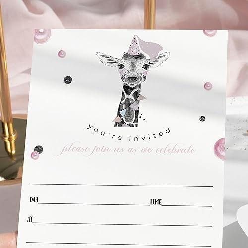 Miniatura 6 de Invitación de fiesta de jirafa rosa para niñas (paquete de 25) invitaciones de cumpleaños en blanco con sobres para niños, baby shower, espolvorear