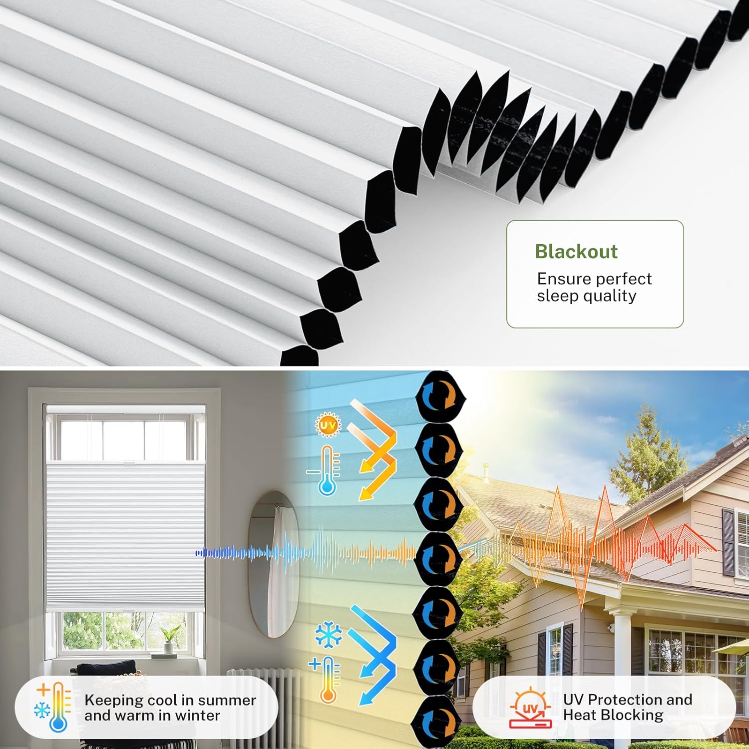 MiLin No Drill No Tools Cellular Shades Top Down Bottom Up Cordless Cellular Blinds 1.5 Inch Honeycomb Shades Easy to Install Window Blinds for Windows - Blackout White Custom Size