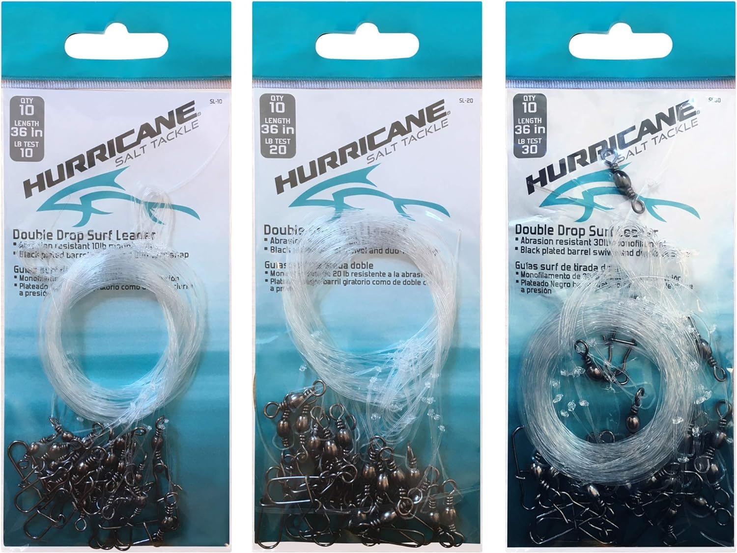 Hurricane Surf Fishing Leader Bundle - 10 Pound Double Drop Surf Leader, 20 Pound Double Drop Surf Leader and 30 Pound Double Drop Surf Leader.