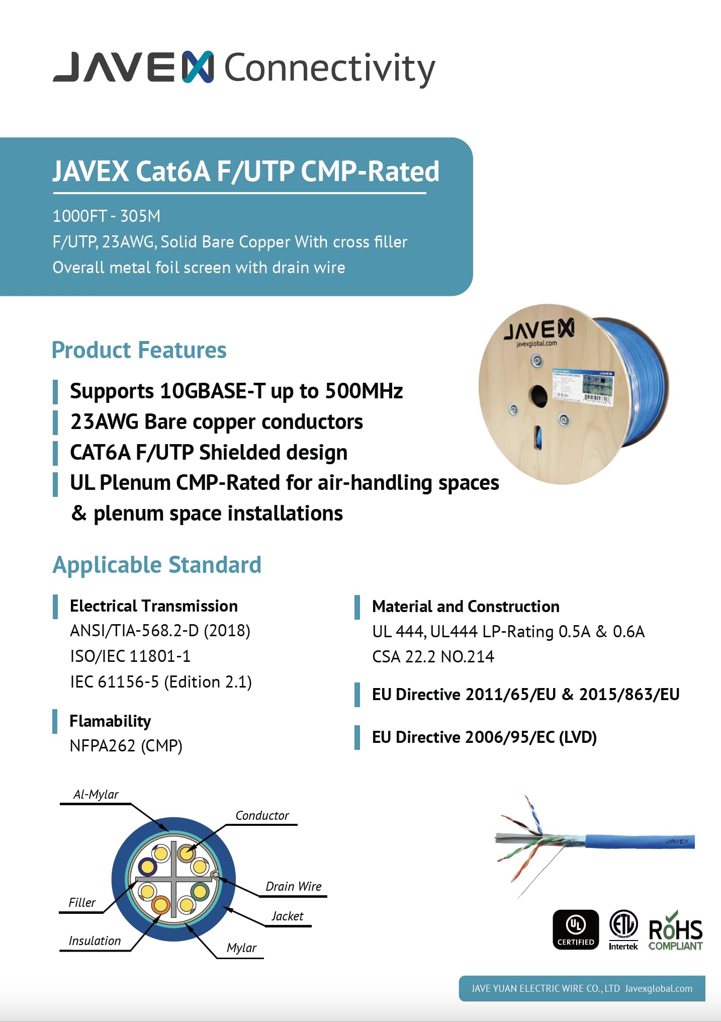 JAVEX Câble Ethernet 23 AWG CAT6A blindé F/UTP [UL Plenum CMP, pour PoE++] Cuivre nu massif, 500 MHz, certifié ETL, conforme TAA, 152 m, bleu