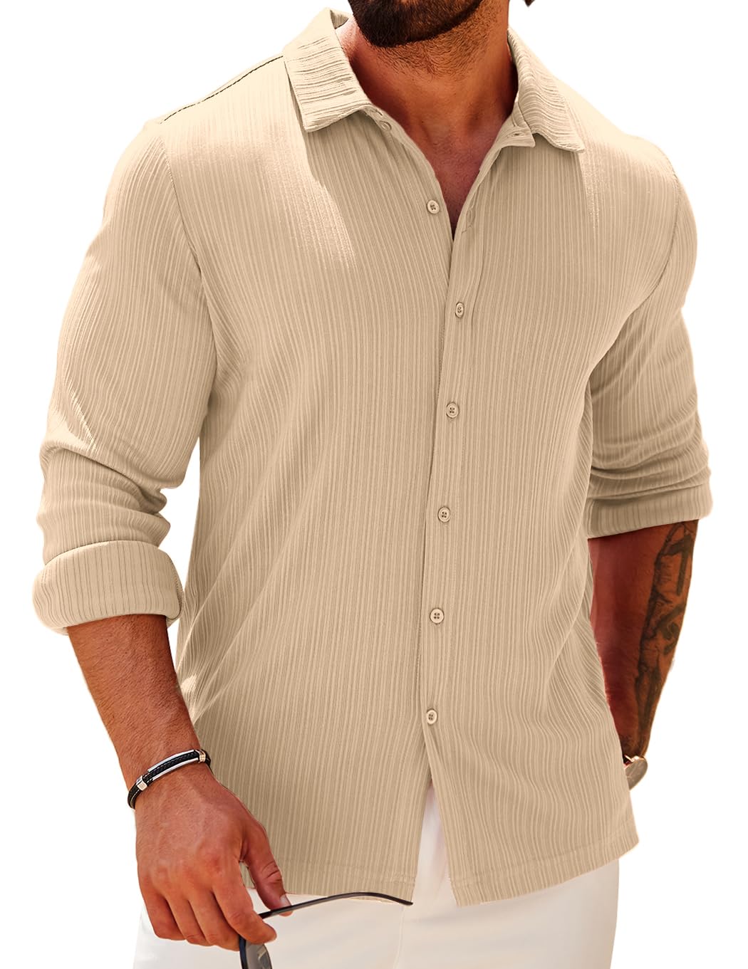 COOFANDYAthletic Fit Dress Shirts for Men Ribbed Knit Textured Button Down Shirts