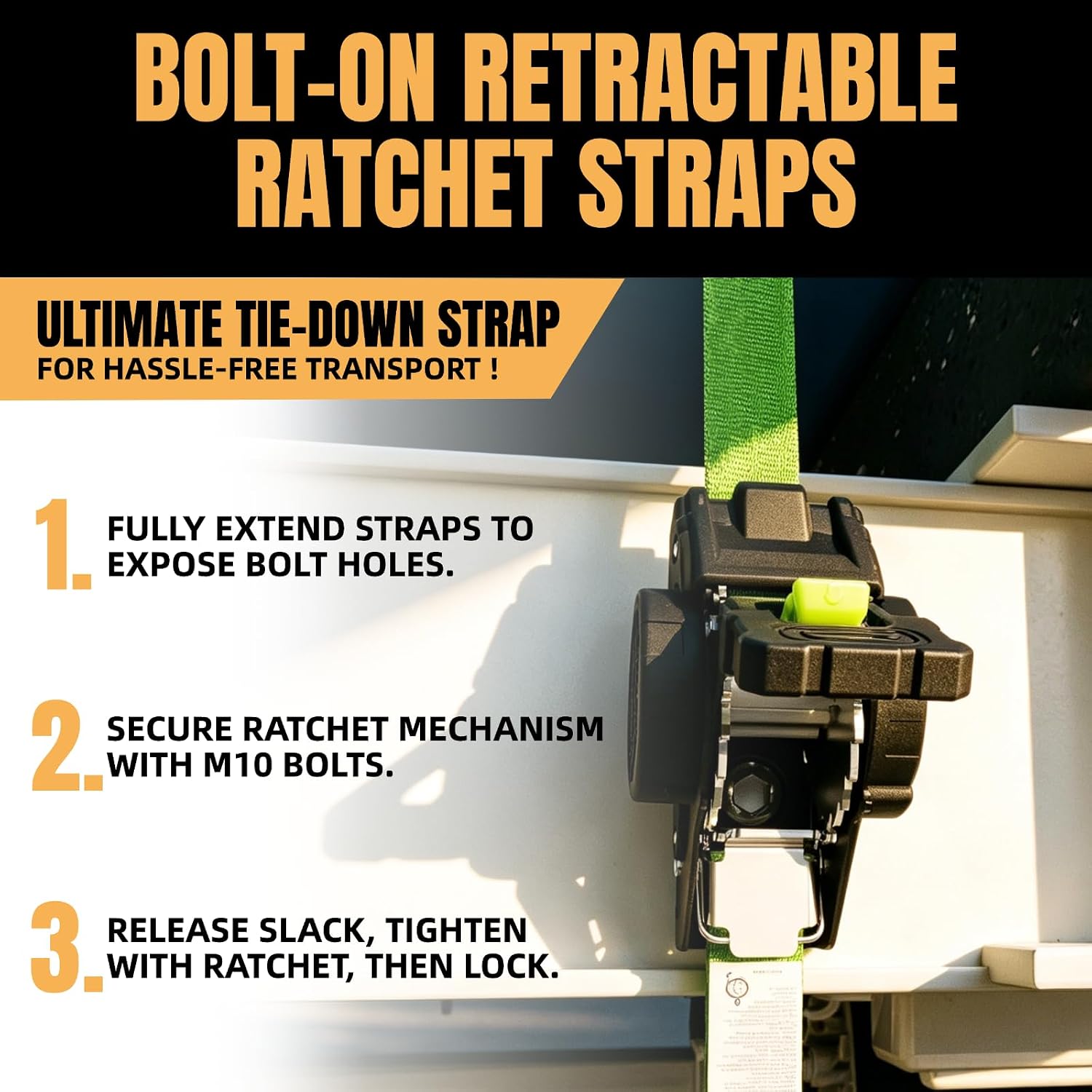 Condition photo showing New/Like New for retractable ratchet straps heavy duty tie down 1''*12ft breaking strength 1760lbs cargo securing system,for motorcycle,utv,atv,trailer(neon green,4pack) neon green 4pack