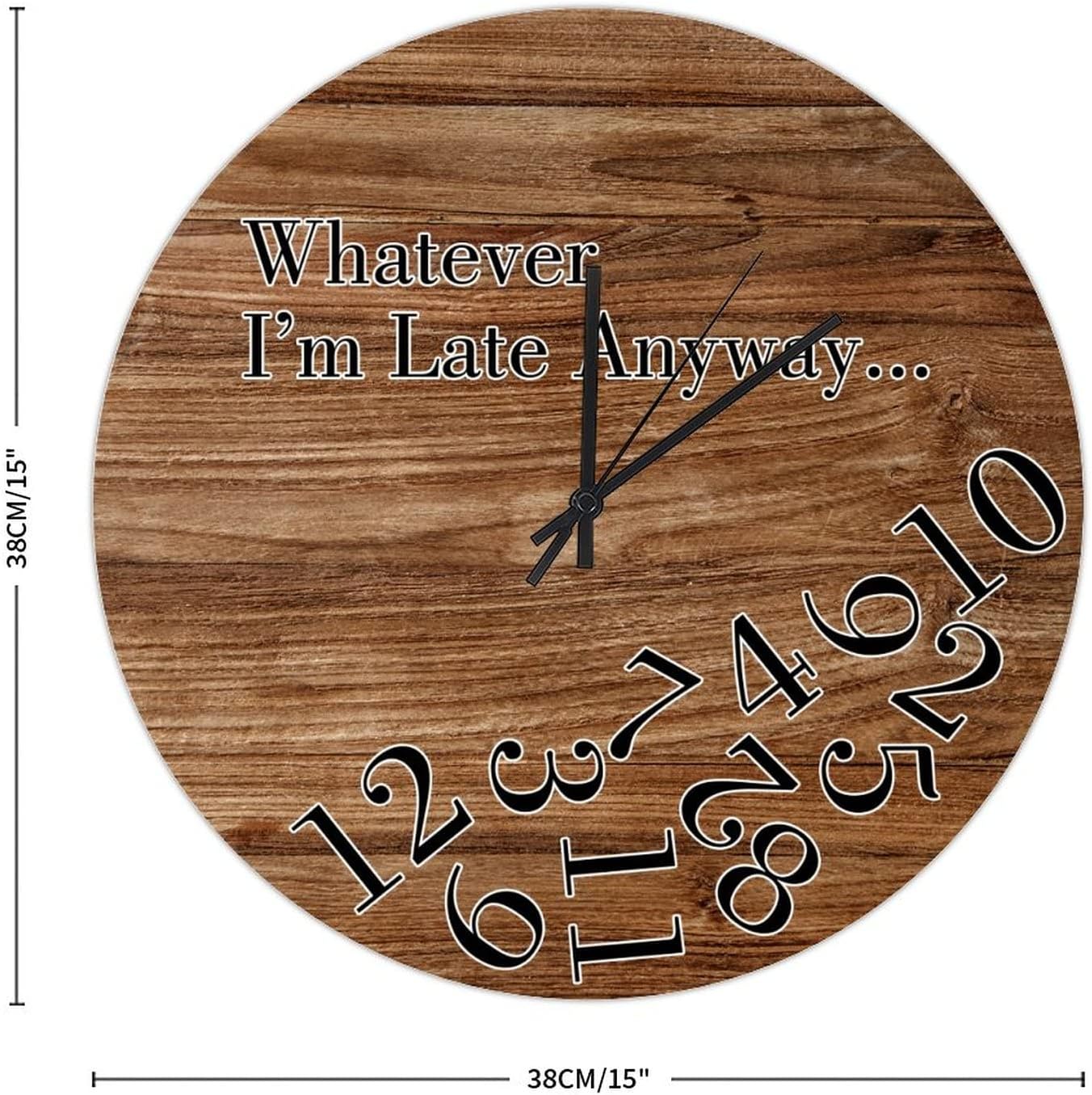 15in Hanging Clock Brown Wood Grain Wooden Wall Clock Whatever I'm Late Anyway Shabby Chic Quartz Analog Quiet Battery Operated Novelty Home Accessories for Entryway Dining Room Office Back Patio image 2