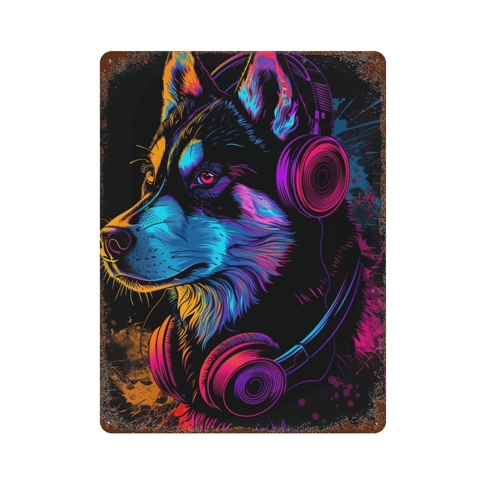 Colorful Neon Wolf Headphones Art Print Vintage Rust Metal Sign 15.7"x11.8", Shabby Chic Decor for Living Room, Hallway And Home Decor