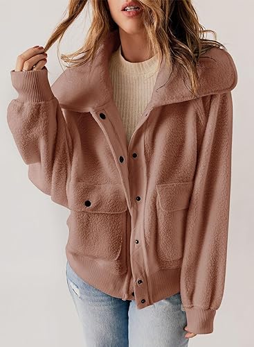 Miniatura 3 de Dokotoo Chaqueta de forro polar mullido para mujer, manga larga, abrigos cortos, ropa de abrigo Sherpa a presión