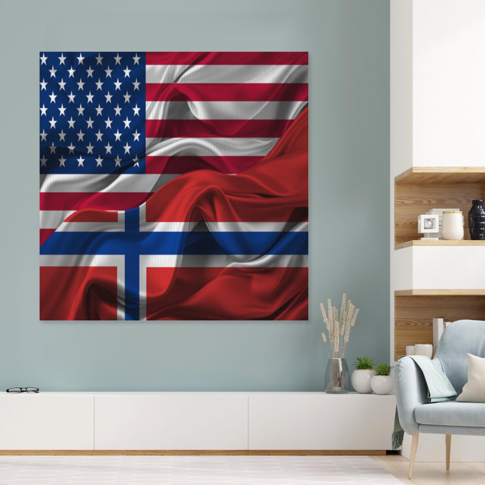 Vinatge America Norway Norwegian Silk Flag Canvas Wall Art Prints Artwork Framed Painting Poster 24x24 inch Retro Picture for Home Kitchen Office Bedroom Living Room Bathroom Decor