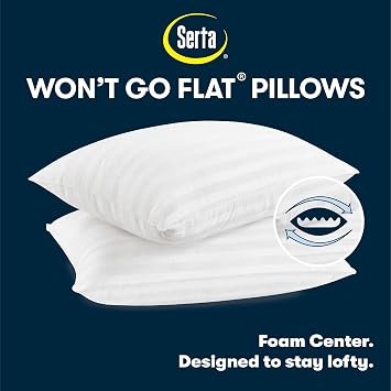 Serta Won't Go Flat Down Alternative Bed Pillows, Extra Life Foam Core with Medium Support, Perfect for Back, Stomach or Side Sleepers (2 Pack), Standard/Queen, White