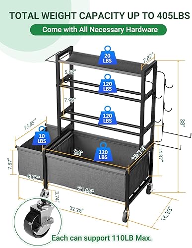 Miniatura 2 de Dumbbell Rack, Adjustable 4-Tier Weight Rack Movable, Home Gym Organizer Up to 405 lb with Lockable Casters & Hooks, Workout Equipment Storage for