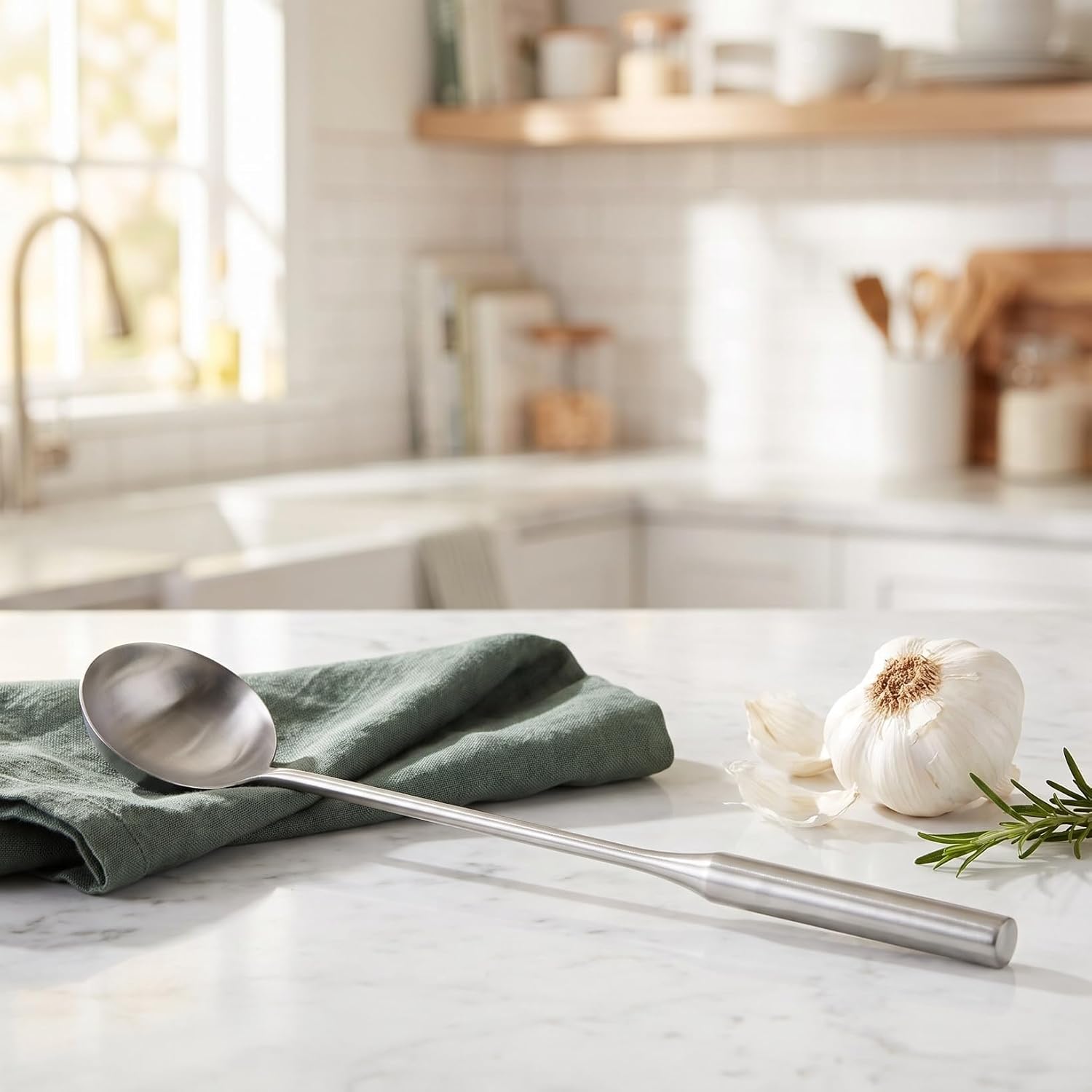 OUNONA Long Handle Soup Ladle Stainless Steel Cooking Spoon Wok Ladle for Soup Rice Water Home Kitchen Restaurant Canteen 17.91 inch