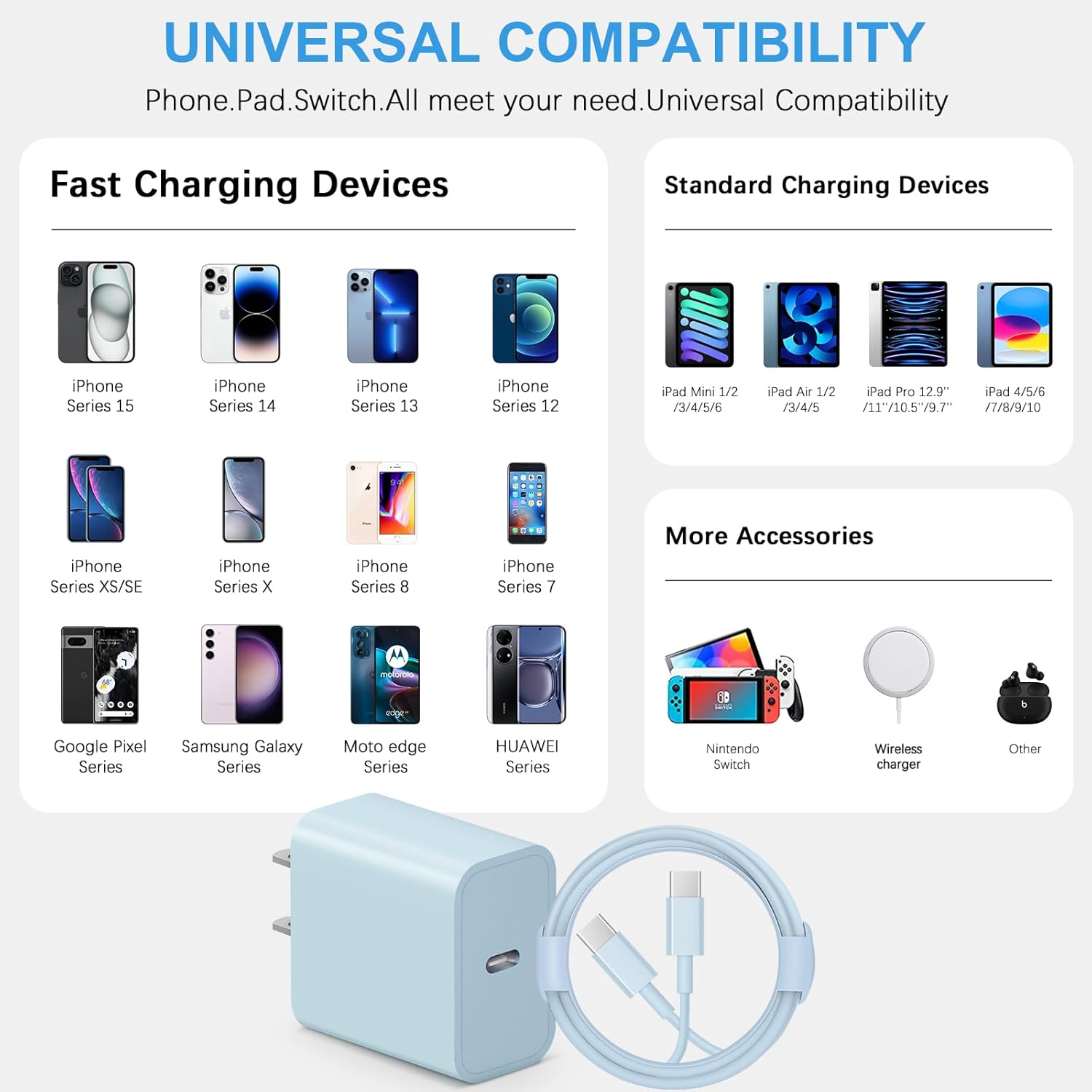 iPhone 17 16 15 Charger Fast Charging 3+3Pack Type C Charger USB C Chargers Block with 6FT Cable for iPhone Air/17/17 Plus/17 Pro/17 Pro Max/16/16 Plus/16 Pro/16 Pro Max/15/15 Pro Max/iPad Pro(Blue)