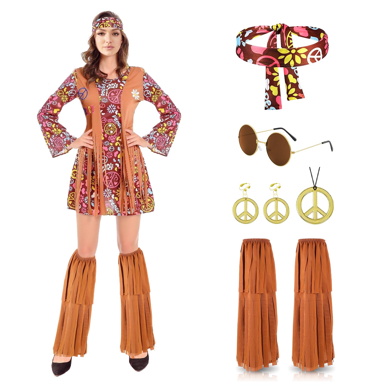 Disfraz Hippie Mujer Años 70: Conjunto de Disfraz Hippie de los Años 60 y 70 para Mujer - Disfraces Hippies Mujer - Disfraz de Carnaval Halloween Navidad Fiesta