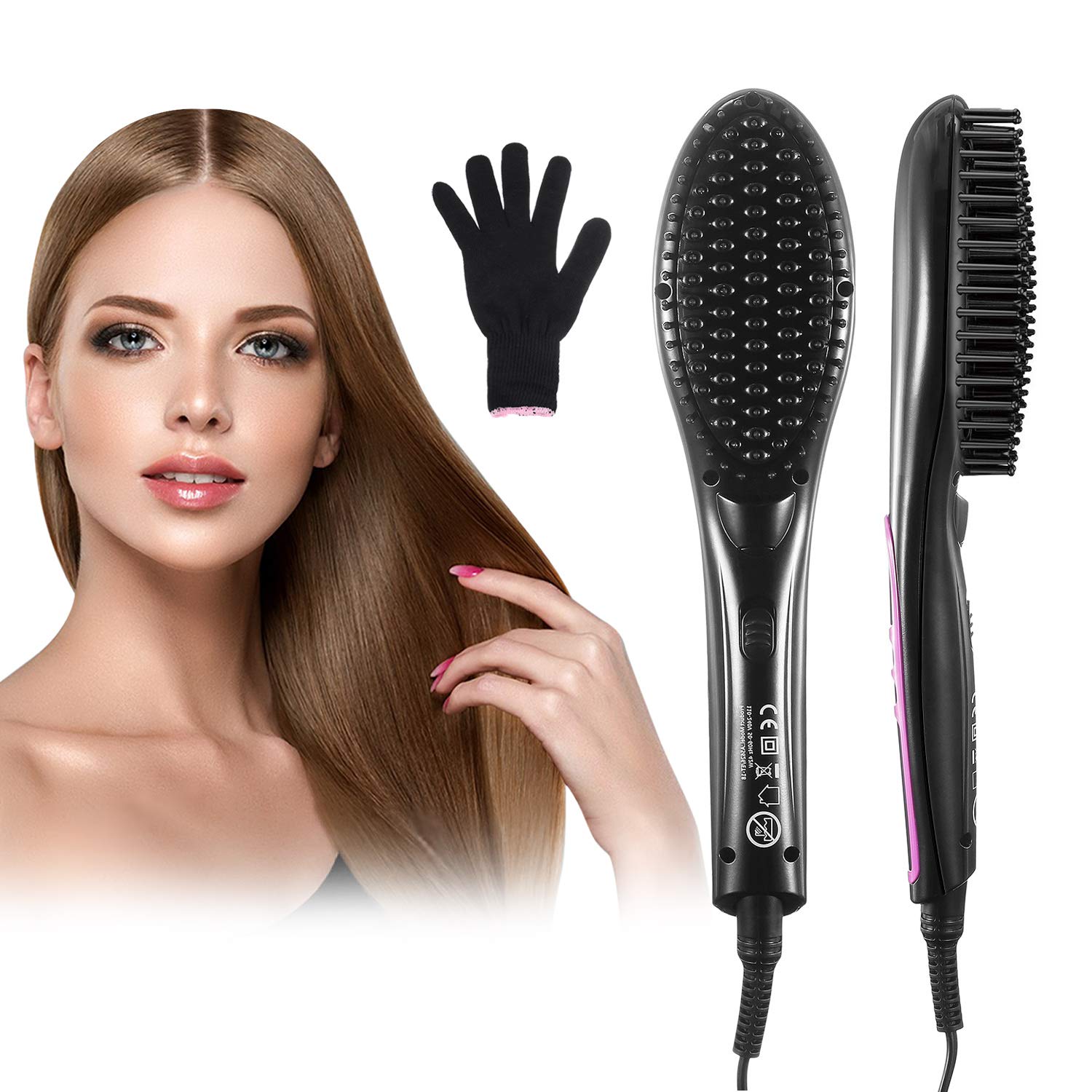 HOCOSY Hair Straightener Brush, Anti-scald Electric Ionic Straightening Comb with Ceramic Heating, 250℉-390℉ Adjustable & Auto-Off Function Hair Brush, Portable Hair Comb for Thick & Frizzy Hair