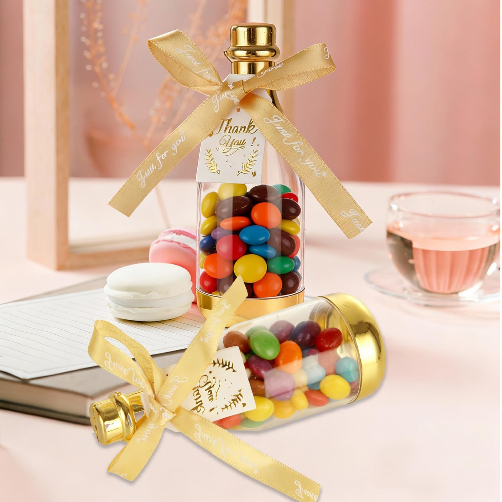 36 mini bottiglie di champagne a forma di barattolo in plastica dorata, per bomboniere fai da te, bomboniere, matrimoni, feste, con biglietto e fiocco