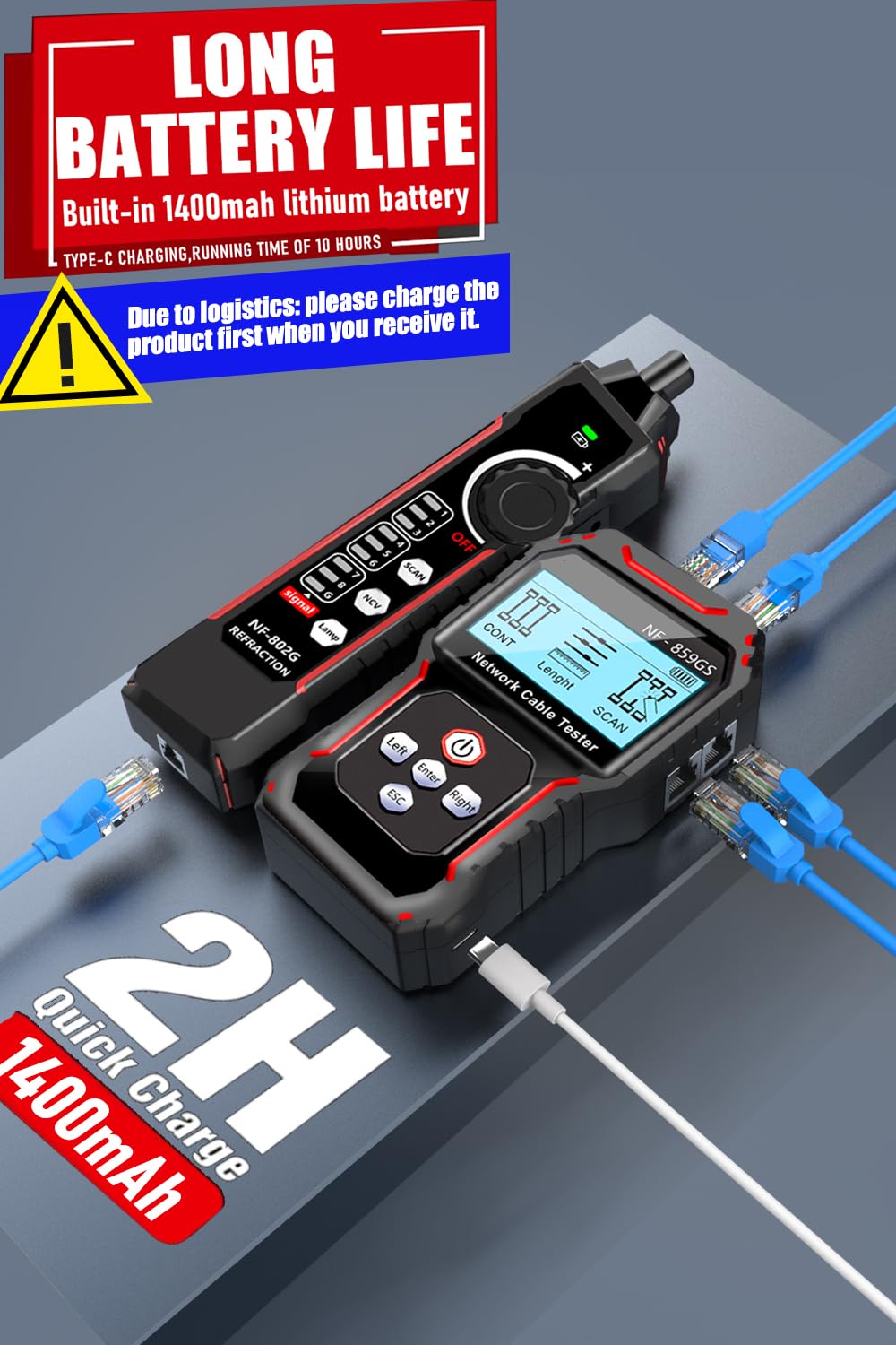 NF-8209S Network Cable Tester, RJ45 Ethernet Tester for POE/Cat5/Cat7/Cat6a/Cat6/Cat5e, Wire Mapper, Length, Open/Short, Wire Fault Locator, Ethernet LAN Network Toner Tool