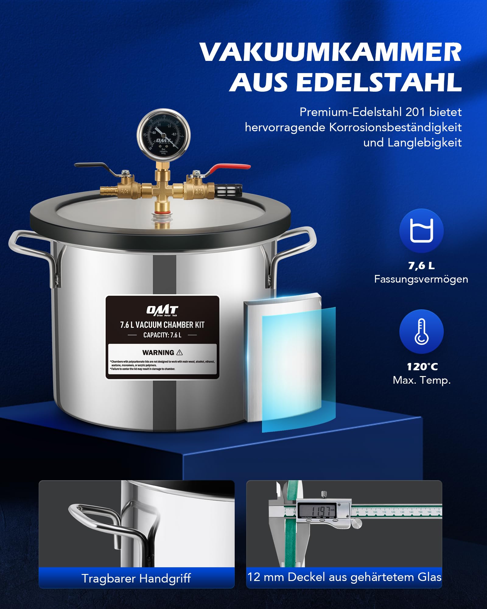 Orion Motor Tech Vakuumkammer mit Pumpe Vakuumkammer Entgasung Harz 3.5CFM mit 7,6L Edelstahl Vacuum Chamber Vakuumpumpe 100L/min mit Deckel aus gehärtetem Glas 1/4HP 5Pa HVAC-Vakuumgeräte