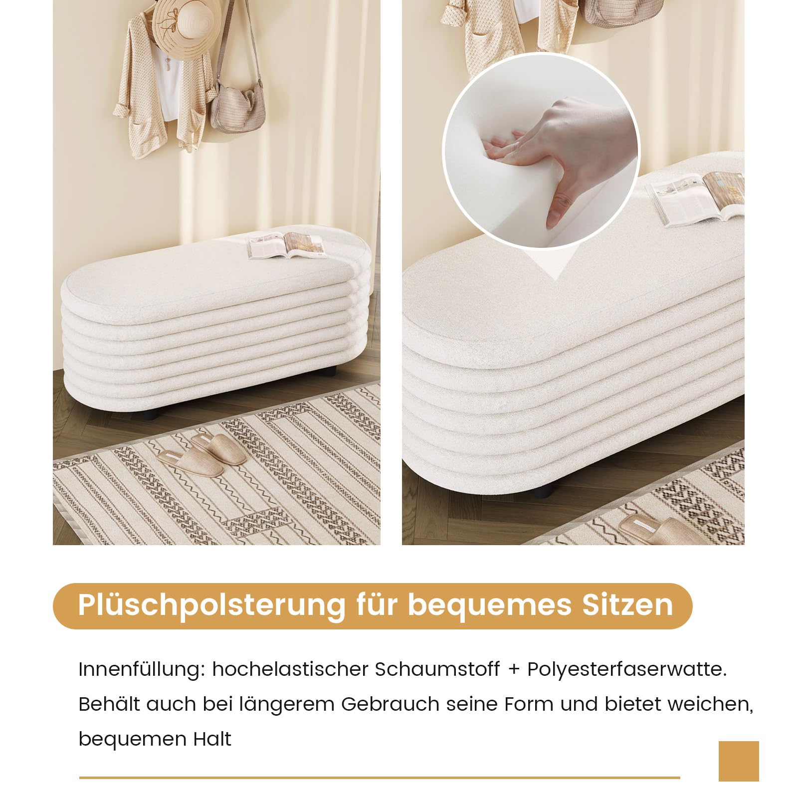 Guyii Sitzbank mit Stauraum aus Lammfellimitat – Beige Polsterbank fürs Schlafzimmer, Bettbank & Bank mit Stauraum – Weiche Sitzbank Schlafzimmersitzbank, Polsterbank mit Stauraum modern
