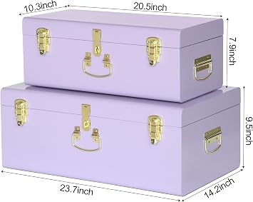 Vixdonos Storage Trunk Chest Decorative Large Metal Box Set of 2 College Dorm Organizer with Hardware Hasps and Handle for Home Deocr,23.7X14.2X9.5 Inches