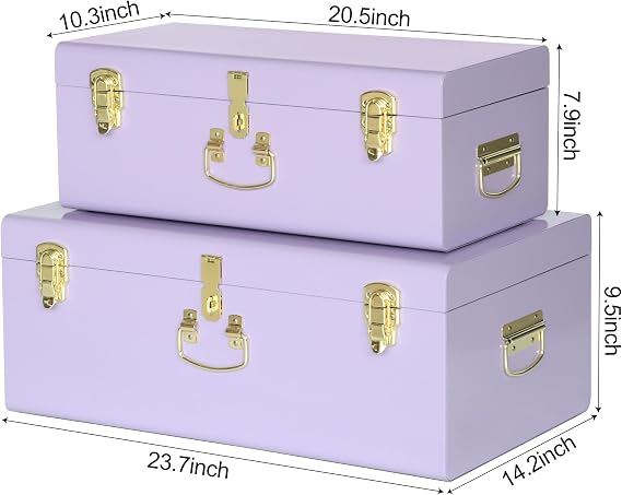 Vixdonos Storage Trunk Chest Decorative Large Metal Box Set of 2 College Dorm Organizer with Hardware Hasps and Handle for Home Deocr,23.7X14.2X9.5 Inches