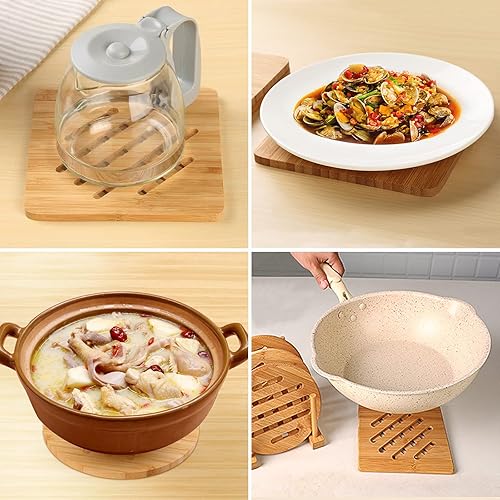 Miniatura 2 de Paquete de 5 salvamanteles para ollas y sartenes calientes con soporte para platos, diseño antideslizante de bambú natural, salvamanteles de bambú