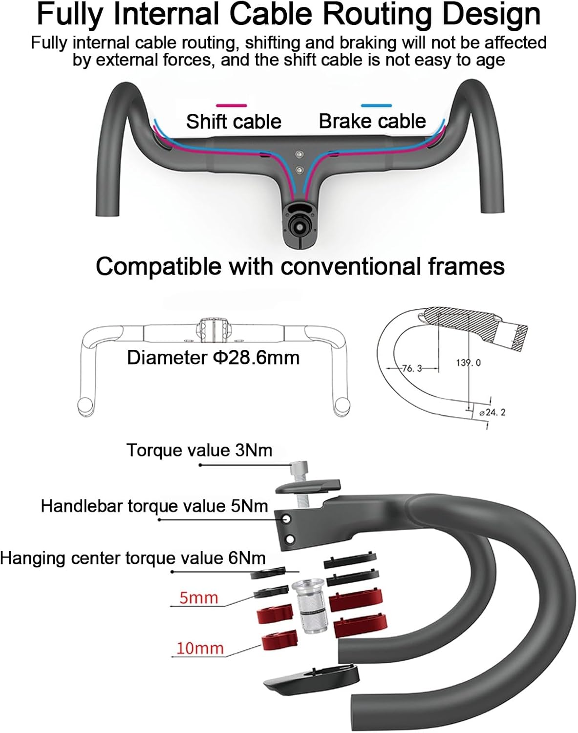Road Bike Frame, Thru-Axle Frame with Carbon Fiber Fork Internal Routing, Bike Frameset, Carbon Fiber Bike Frame Disc Brake Thru Axle Frame(46.5cm)