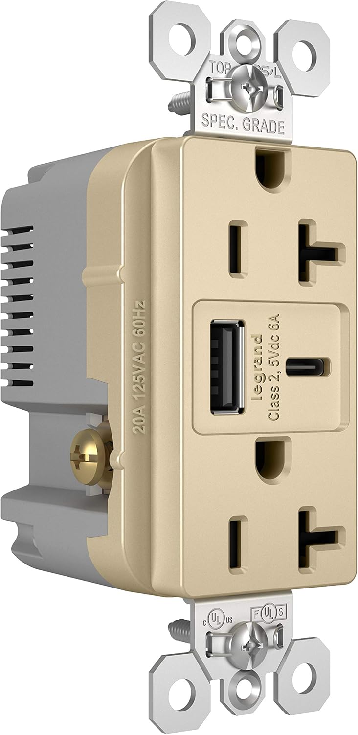 Legrand Pass & Seymour TR20USBAC6I 20 Amp Tamper-Resistant Heavy-Duty Specification Grade Decorator Duplex Receptacle Outlet with Ultra Fast USB A/C 6.0A Charging Ports, Ivory (1 Count)