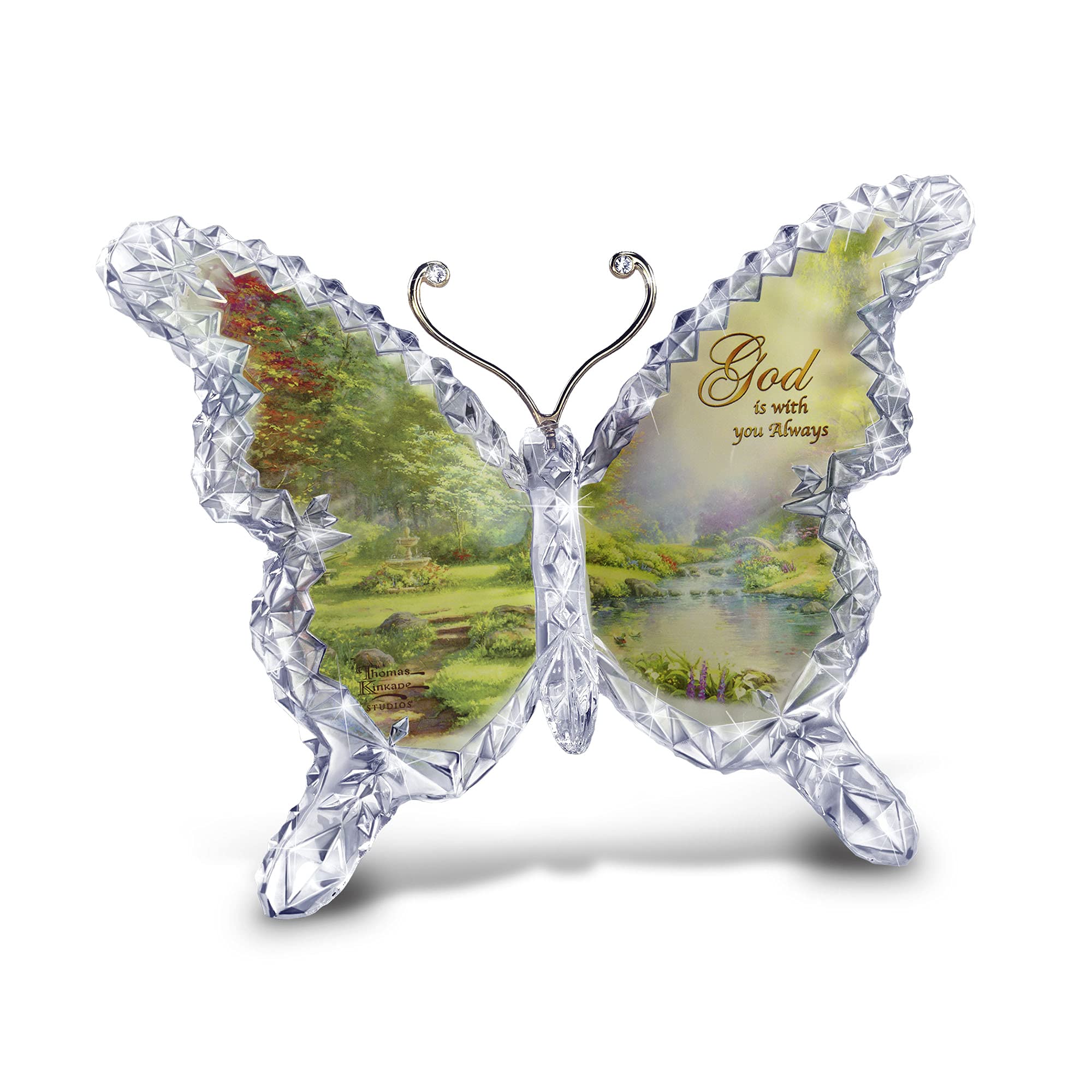 The Bradford Exchange - Thomas Kinkade 'God' Butterfly Glass Sculpture – God-inspired faceted crystalline butterfly sculpture showcases Thomas Kinkade's garden art. Includes display stand.
