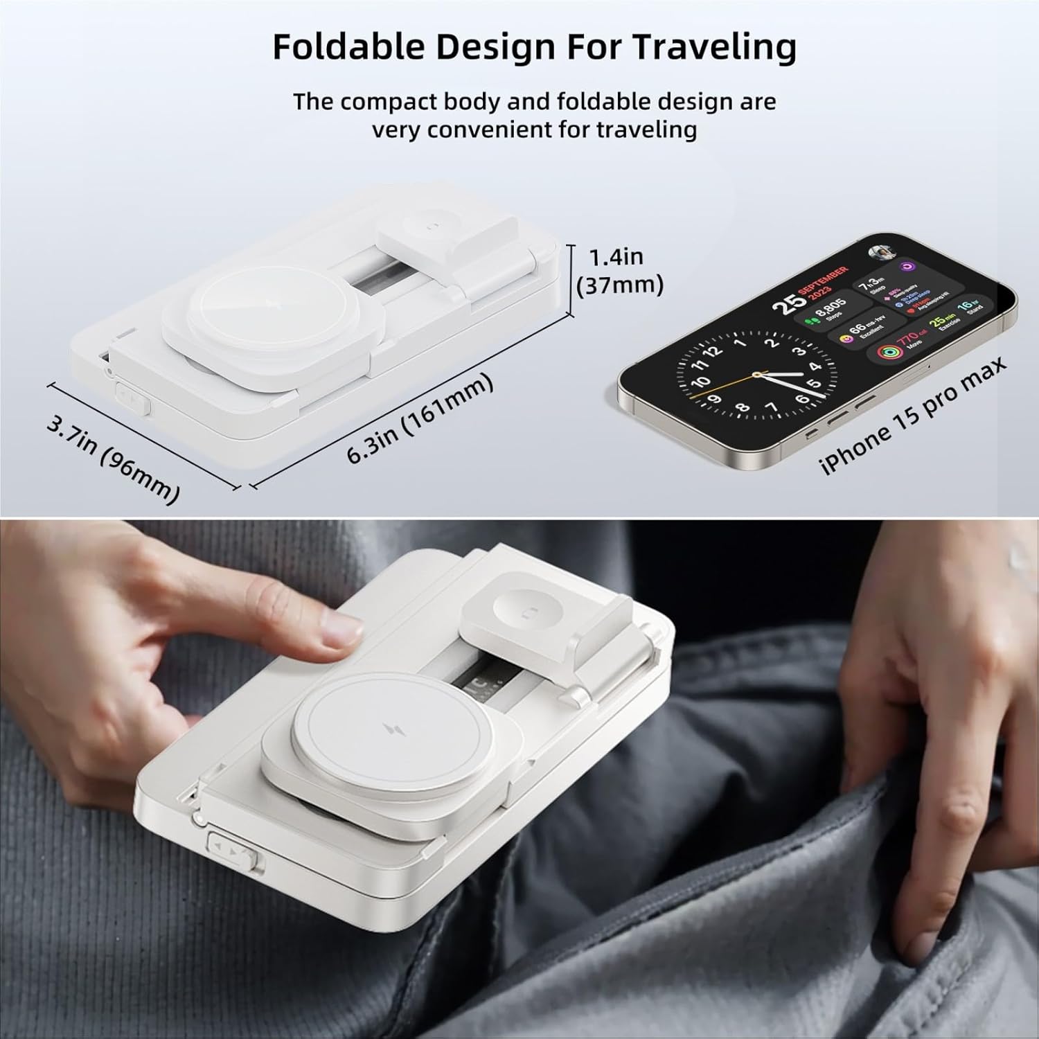 3 in 1 Wireless Charging Station for Apple MagSafe Charger,Magnetic Wireless Charger Stand for iPhone 16 15 14 13 12,Foldable Nightstand Charging Dock for Apple Devices iWatch,AirPods with Night Light