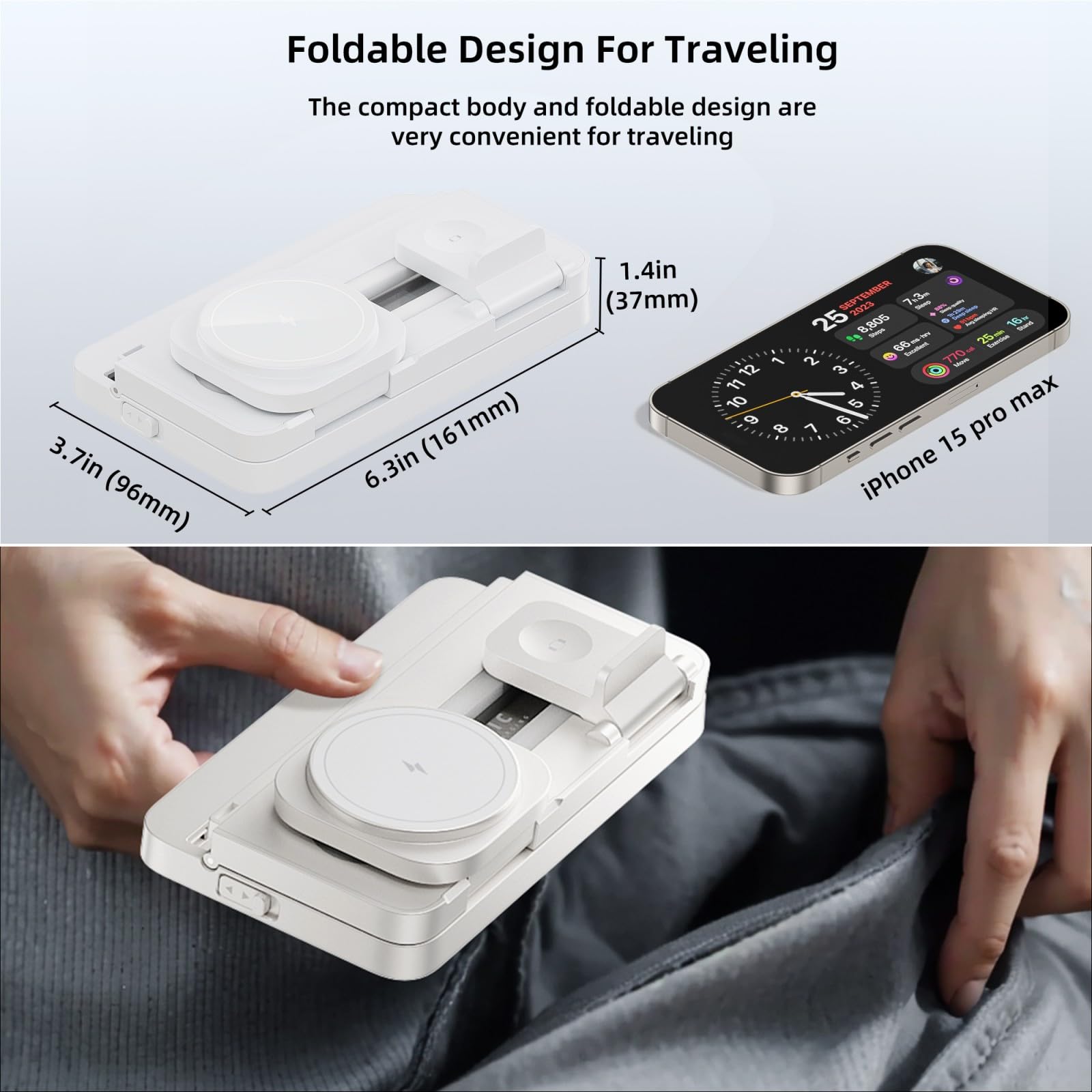 Bezprzewodowa stacja ładująca 3 w 1 do ładowarki Apple MagSafe, magnetyczny stojak na ładowarkę bezprzewodową do iPhone'a 16, 15, 14, 13, 12, składana stacja ładująca do urządzeń Apple iWatch, AirPods