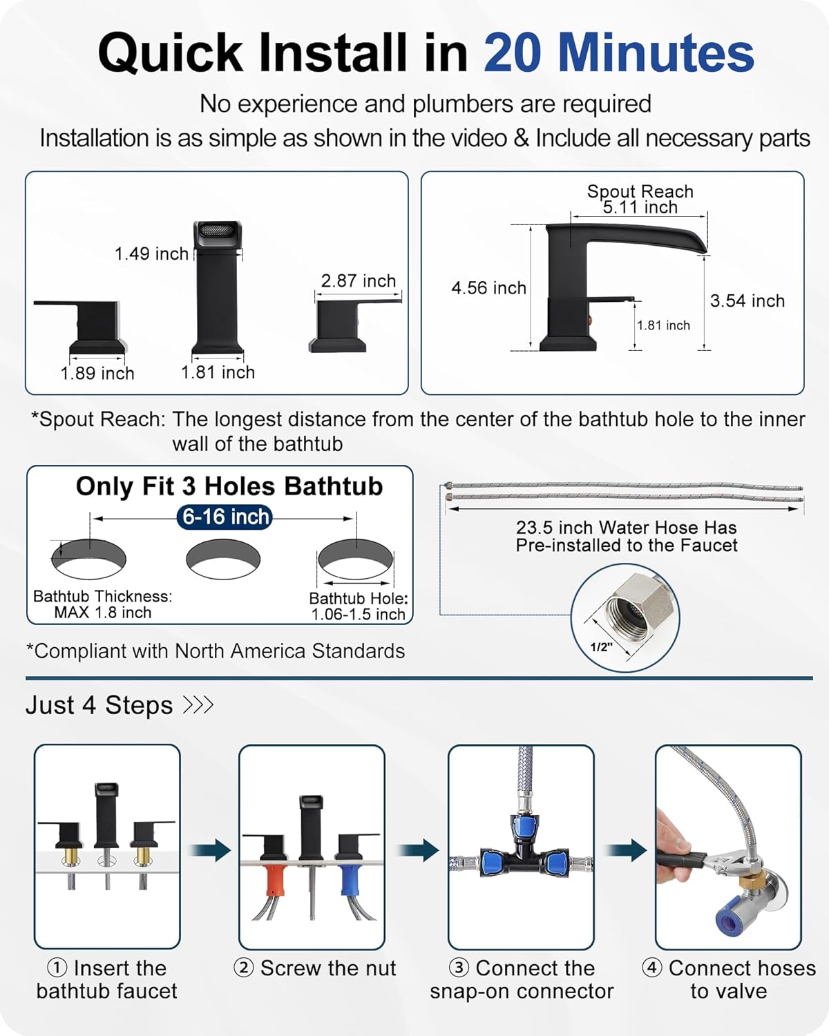 High Flow Black Bathtub Faucet Set 2 Handle, Widespread Bathtub Faucets Deck Mount, Waterfall Faucet, Brass Black Bathroom Sink Faucet 1 Hole or 3 Holes, Single Handle Bathroom Faucet 4 Inch