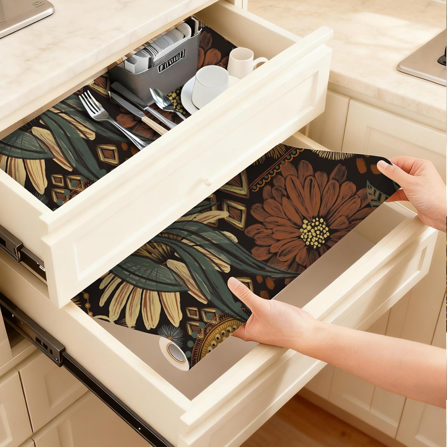Shelf Liner Adhesive Shelf Liner Floral Drawer Liners 17.7 x 196.9 in | Kitchen Non Slip Waterproof Liner Floral Peel and Stick Contact Paper Cabinet Closet Pantry Liner