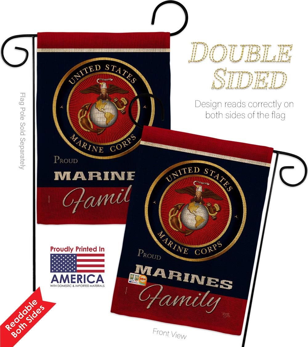 Marines Proudly Family Burlap Garden Flag - 2pcs Pack Armed Forces Marine Corps USMC Semper Fi United State American Military Veteran Retire Official - House Yard Gift Double-Sided 13 X 18.5