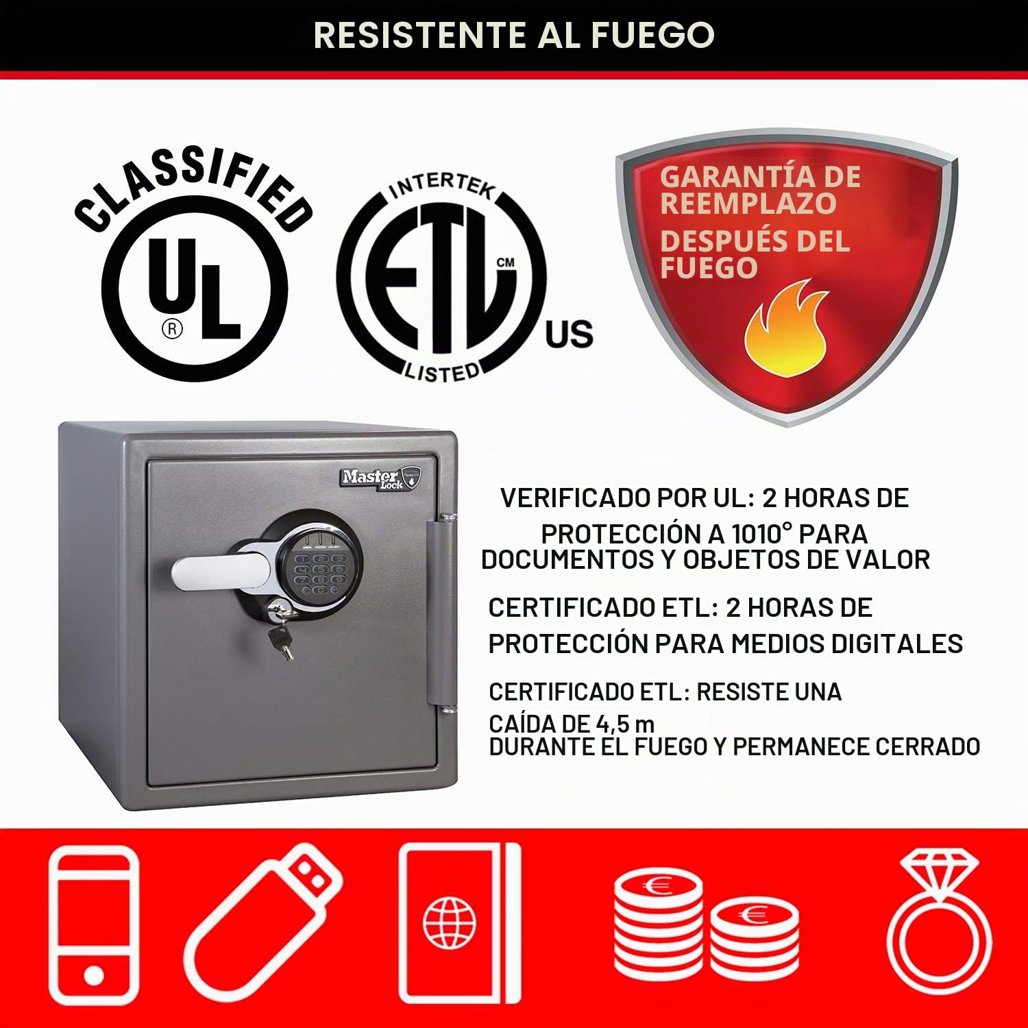 Master Lock Caja Fuerte de Seguridad, Ignifuga y Resistente al Agua, llave y Combinación Digital, Xlarge 33,6L - LTW123GTC
