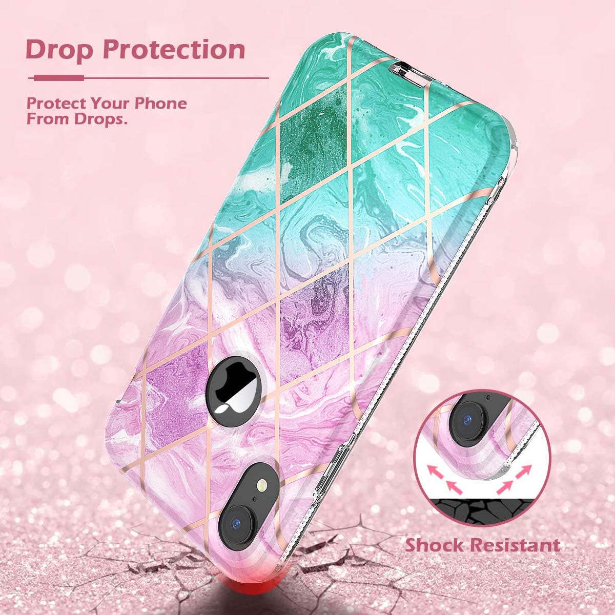 WeLoveCase iPhone XR Marble Case with Built in Screen Protector, Slim Cute Glitter Stylish Hybrid Shockproof TPU Bumper Dual Layer Full-Body Protective Case for iPhone XR 6.1 Inch, Pink Blue