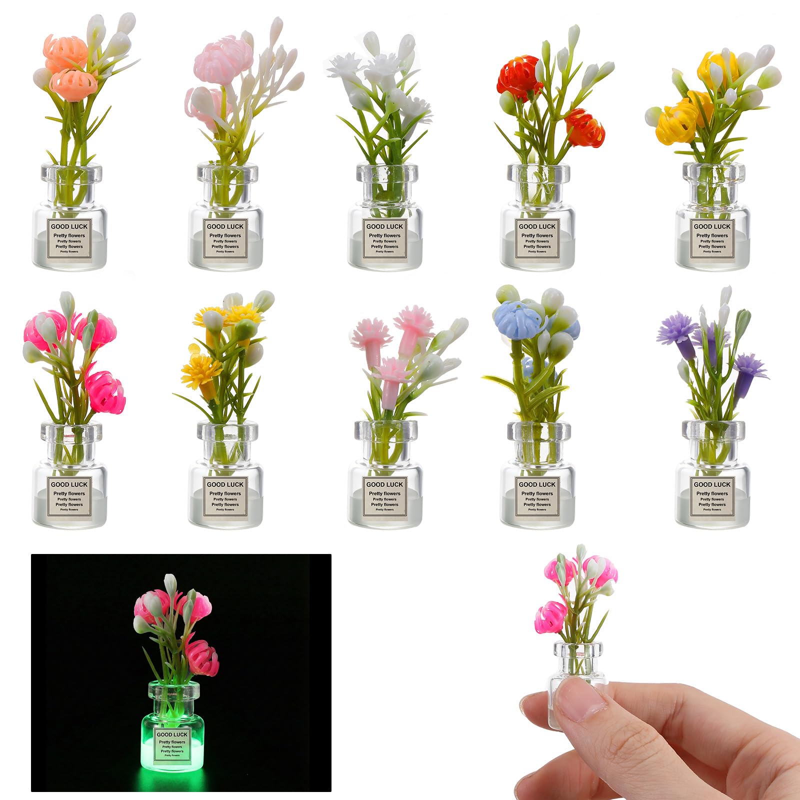10 Pcs Miniature Dollhouse Plant Flowers Set Tiny Small Glow in The Dark Glass Vase Flowers Plant House Decor Faux Flower Model for Tiny Houses Micro Landscape Train Platform Fairy Garden Accessories​