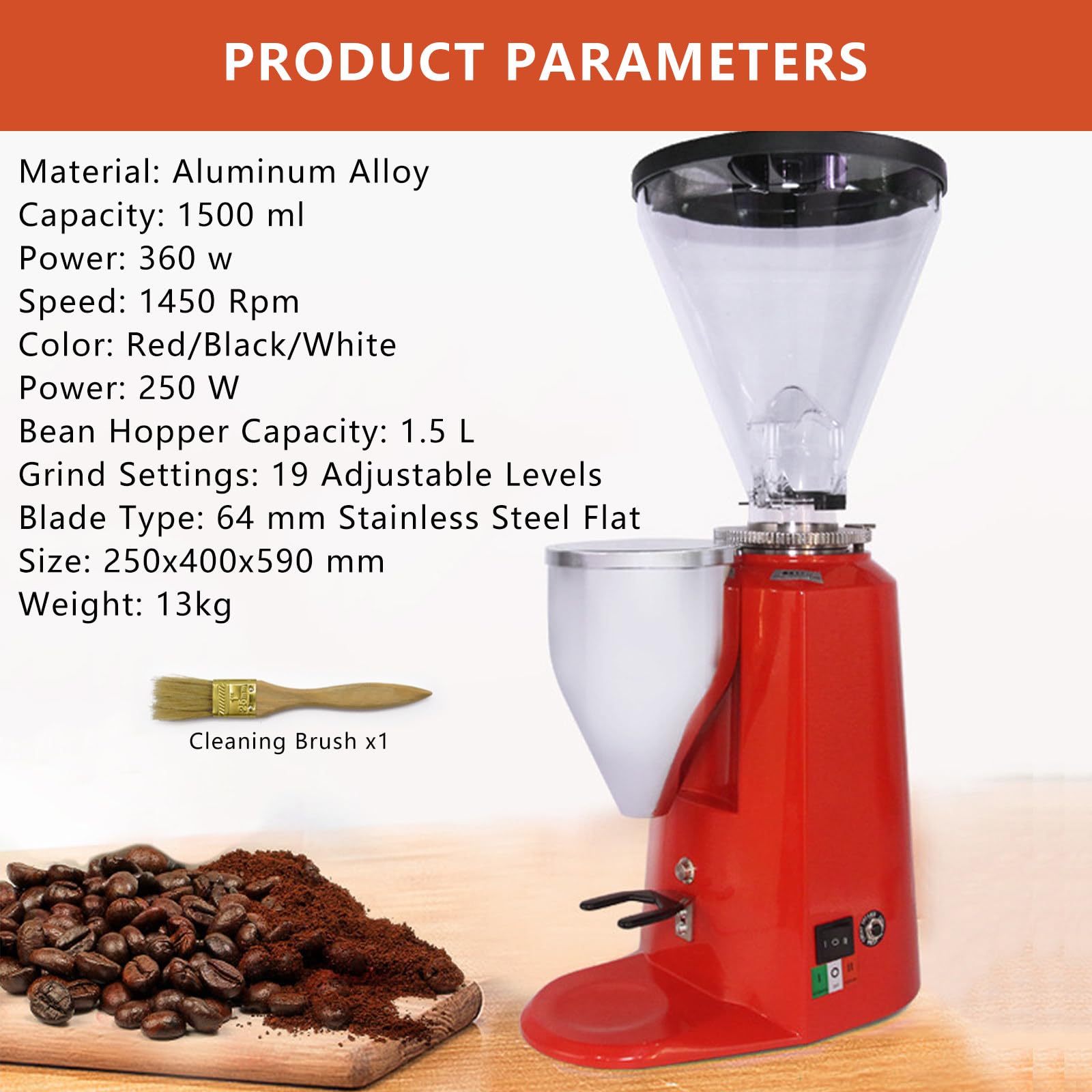 Elektryczny MłYnek Do Kawy Z PłAskim żArnem O Mocy 360 W – 19 Precyzyjnych Ustawień, Do Espresso/Przelewowego/Na Zimno/Francuskiego Parzenia Black