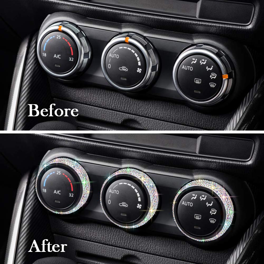 OTOSTAR 3pcs Handmade Bling Crystal Audio Air Conditioning Button Cover Decoration Twist Switch Ring Trim Fit for Jeep Wrangler JK JKU Patriot Liberty 2011-2018 Dodge Challenger 2008-2014 (AB)