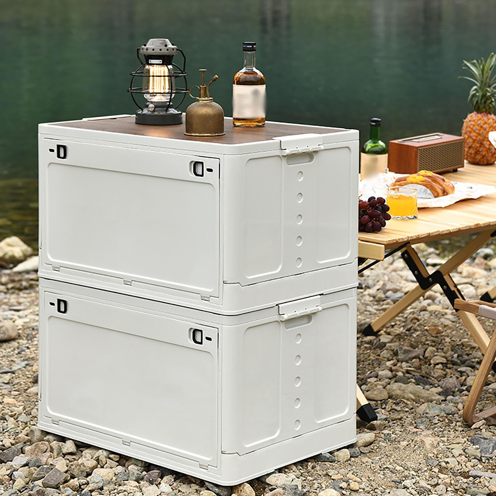 Campingbox Mit Deckel, Faltbare Stapelbar Aufbewahrungsbox Mit Riemenscheiben, Faltschachtel Stauraum Kofferraum Mit Holzdeckel Kann Als Schneidebrett- Blue|| 50 * 35 * 24.5cm