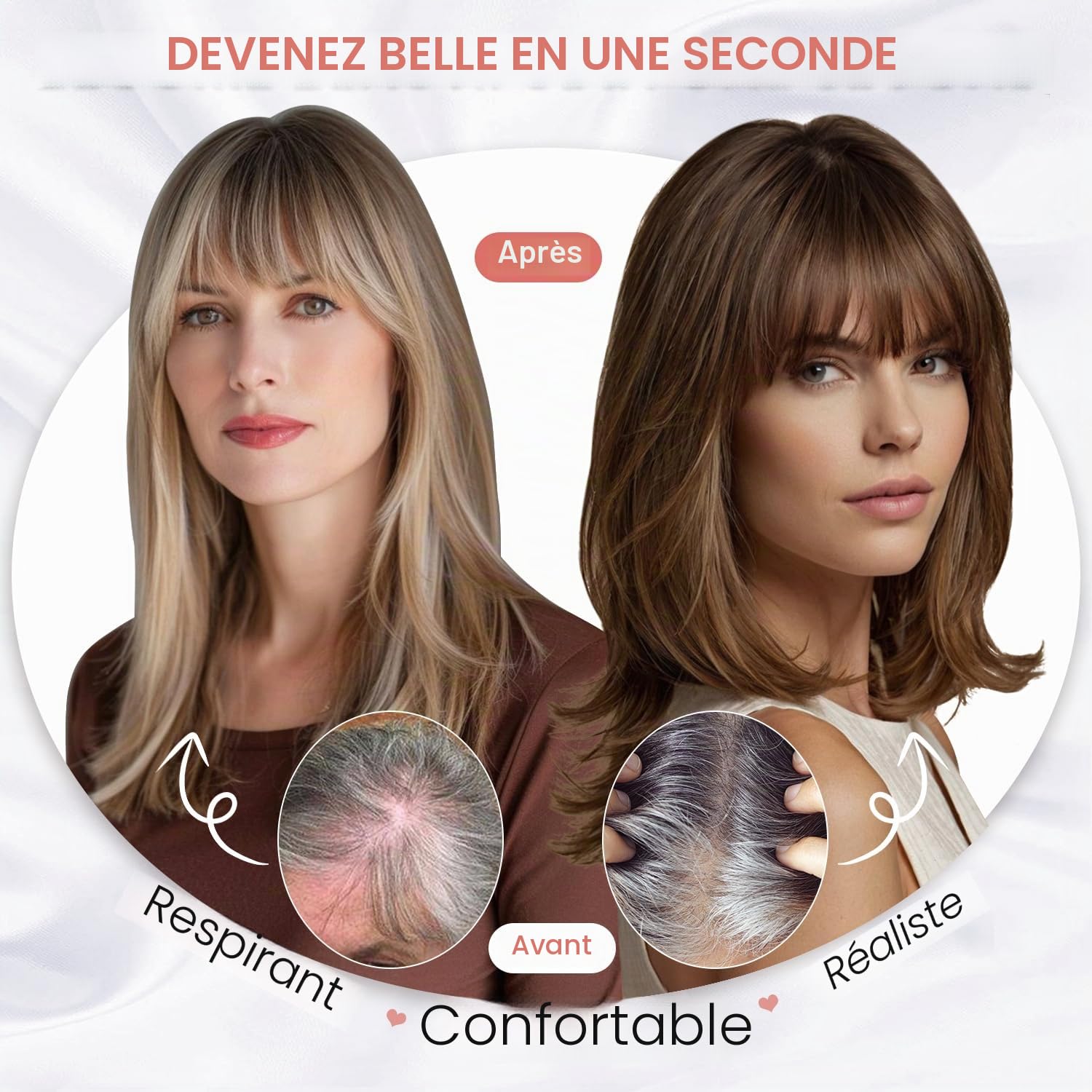 Postiches pour femmes avec cheveux humains - Postiche avec frange tissée à la main - Base suisse - (Brun cendré foncé)